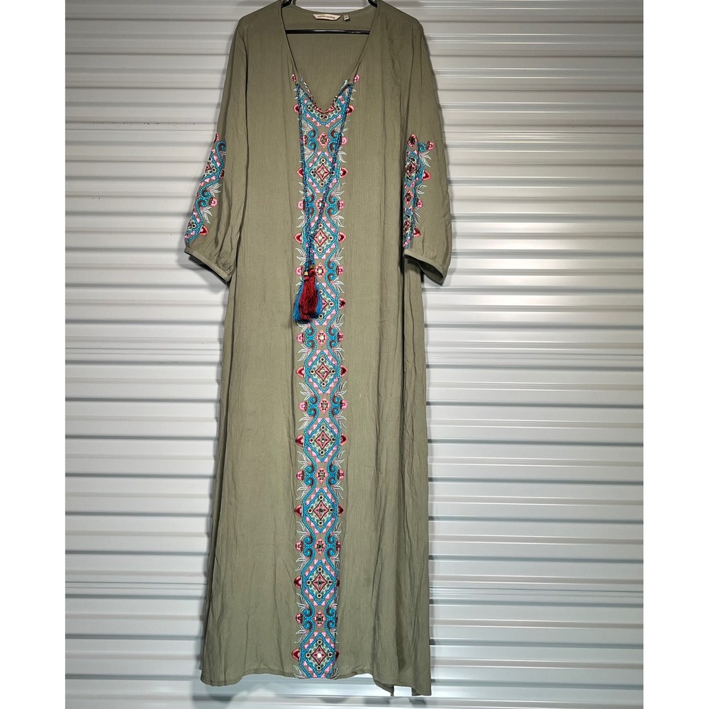 Soft Surroundings Sage Green Embroidered Tassel Maxi Dress XL Boho 2FB07
